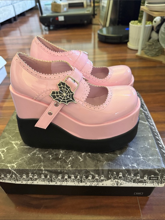 Demonia Shoes - Demonia Pink Patent Mary Jane Platform Shoes with Spiderweb Buckle